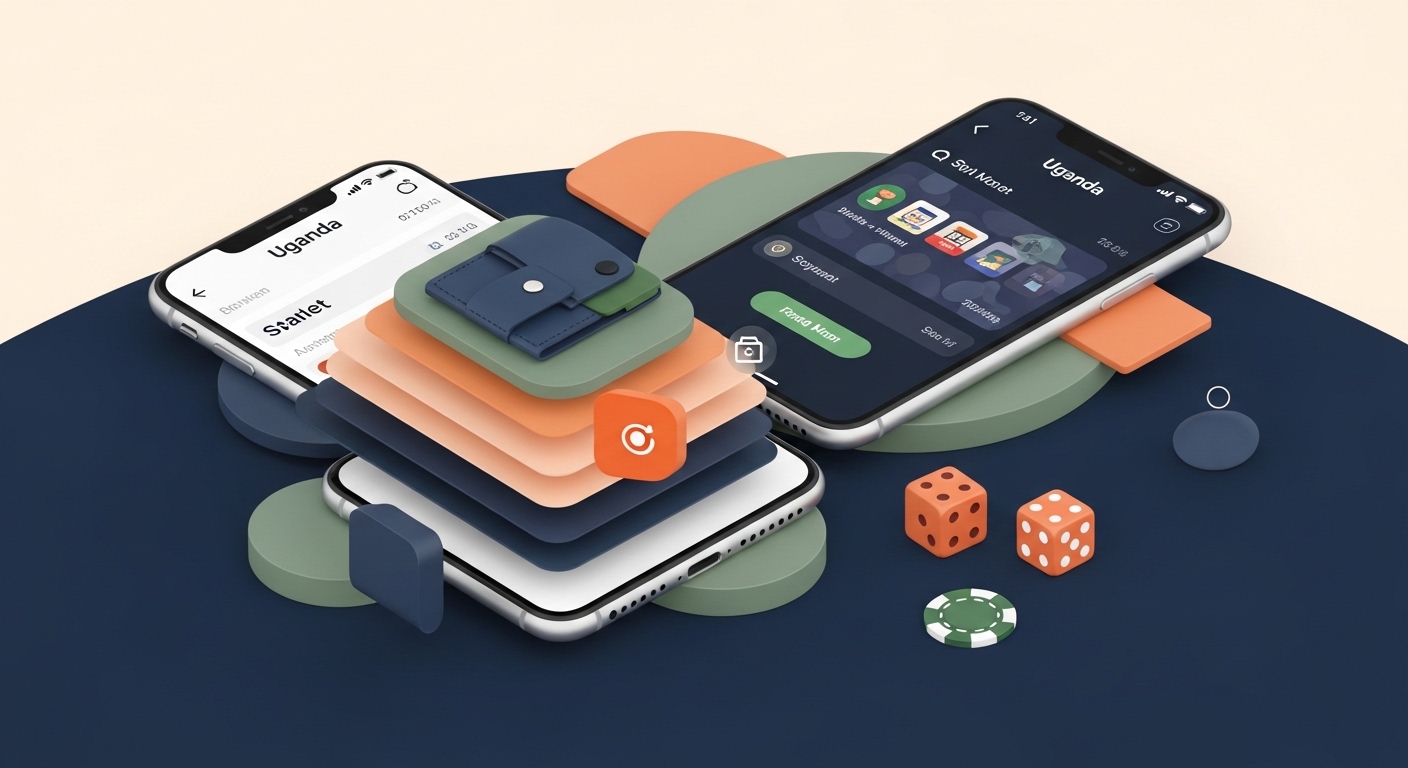 Editorial illustration of a smartphone dashboard and digital wallet panels representing Airtel Money casino comparisons in Uganda.